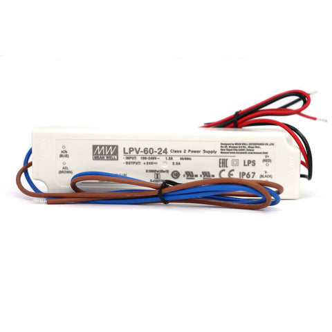 Beefy 60W 24V DC Constant Voltage LED Driver IP67 Waterproof Power Supply With 2.5A Output, Universal AC Input, panel mount view