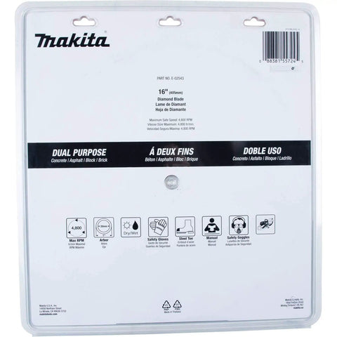 Packaging of 16 Inch Diamond Blade Segmented Dual Purpose For Concrete And Asphalt with detailed information and safety icons