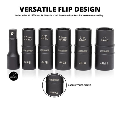 Six Piece Half Inch Drive Impact Socket Set For Any Job With Ten SAE And Metric Sizes, Thin Wall Lug Nut Sockets, Built Tough With Chromium Molybdenum, Includes A Three Inch Extension Bar, Six Point Sockets In Nineteen And Twenty One Millimeter, display showing sockets with laser etched sizing.