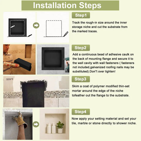 Installation steps for Square Shower Niche Recessed Wall Box 16 By 16 Inches With Single Shelf Tile Ready For Bathroom Storage.