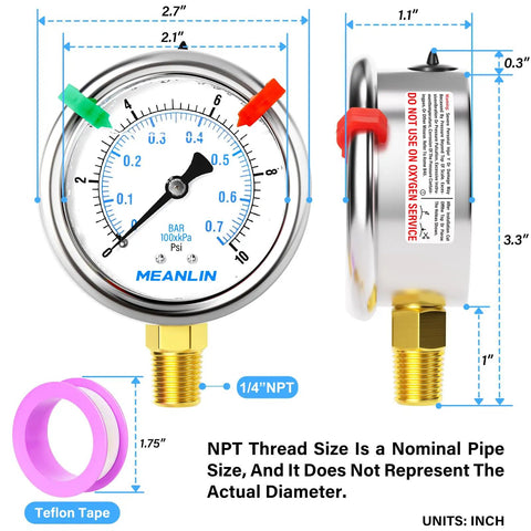 0 To 10 Psi Liquid Filled Pressure Gauge With One Quarter Inch NPT Rugged Built To Last Two And A Half Inch Dial Stainless Steel Glycerin Filled Lower Mount WOG Rated For Water Oil Air Systems, front and side view with measurement details