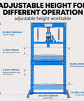 12 Ton Hydraulic Shop Press With Adjustable Table Heavy Duty Steel H Frame For Auto Repair showing height and size specifications.