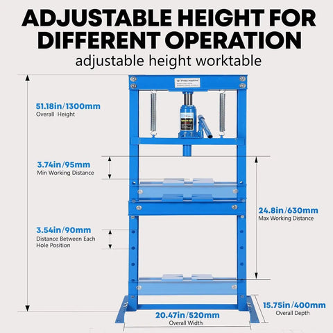 12 Ton Hydraulic Shop Press With Adjustable Table Heavy Duty Steel H Frame For Auto Repair showing height and size specifications.