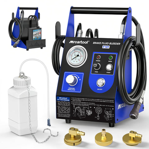 F109 Automatic Brake Bleeder Kit 110V Electric Fluid Exchanger with hoses, adapters, and bottle for cars and trucks.