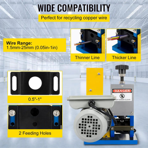 Automatic Electric Wire Stripping Machine 0.05 Inch To 0.98 Inch Portable Aluminum Alloy Wire Stripper Tool For Scrap Copper Recycling Dark Blue Durable Heavy Duty Workhorse showcasing wire range and feeding holes