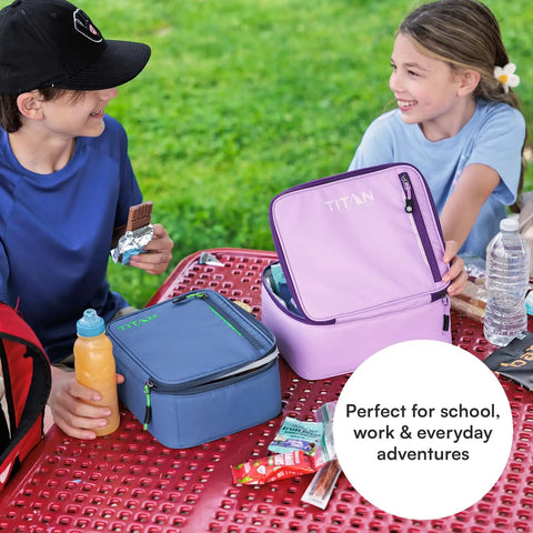 Keep Your Grub Fridge Cold All Day With This Straight Up Sweet Soft Sided Lunch Bag Featuring Double Ice Packs For Office Grind School Runs And Weekend Adventures In Smooth Lavender, shown in a park with a boy and girl enjoying snacks.