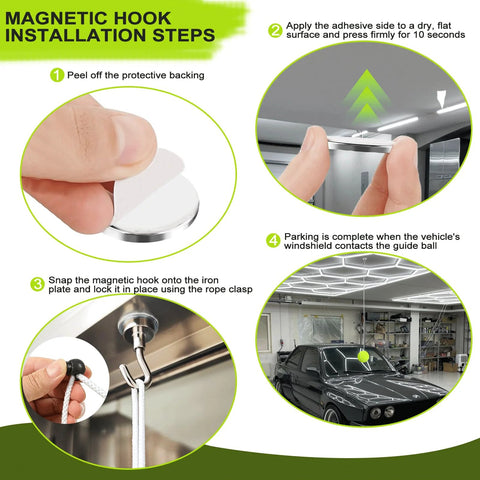 Dnairtly garage parking aid 2-pack with magnetic/screw hooks; tennis-ball parking guide and ceiling installation steps.