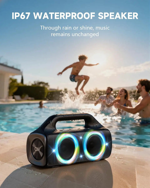 IPX67 Waterproof Bluetooth Speaker with 80W Peak Power, Deep Bass, and LED Lights beside pool with people playing in background.