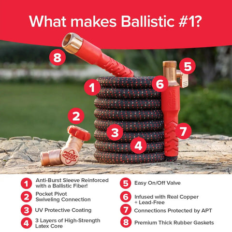 Ballistic 50 Ft Expandable Garden Hose No Kink Flexible Water Hose Expands Up To 3X For Quick Reach 3/4 Inch Inner Diameter Lightweight Compact Self Draining Storage Durable Anti Burst Sleeve As Seen On TV coiled with brass fittings