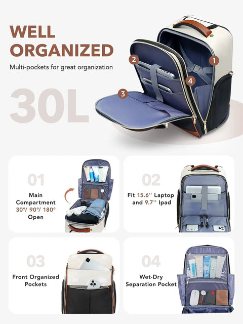 Roller Backpack For Women 2 In 1 Convertible Suitcase And Carry On Bag, interior with pockets for 15.6 inch laptop and iPad, beige