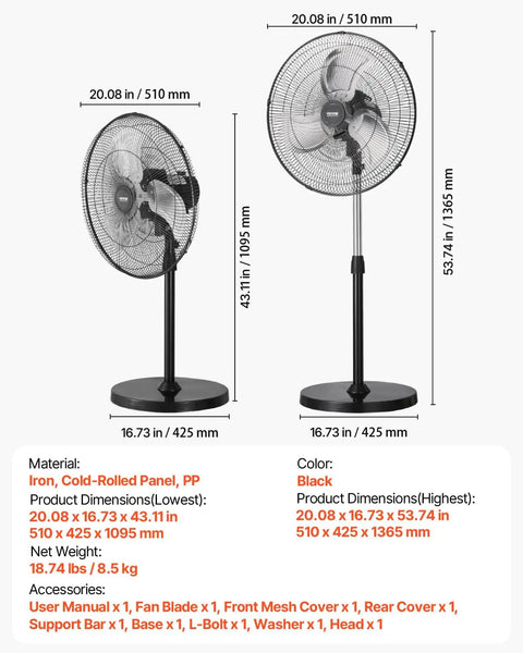Boss Level Airflow Pedestal Floor Fan With 18 Inch Blade, showing dimensions and adjustable height from 43.1 to 53.7 inches