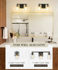 Farmhouse Vanity Light Two Light Fixture With Clear Glass Shades, Sleek Matte Black Wall Mount in bathroom setting