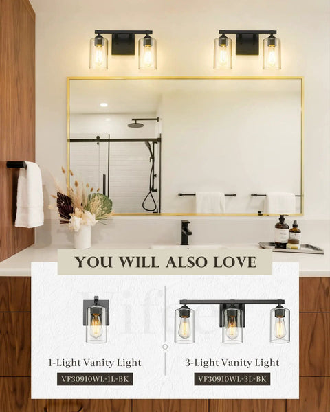 Farmhouse Vanity Light Two Light Fixture With Clear Glass Shades, Sleek Matte Black Wall Mount in bathroom setting