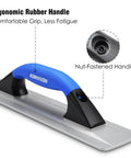 Close-up of Pro Grade Cast Magnesium Concrete Hand Float with Ergonomic Rubber Handle, highlighting the nut-fastened handle.