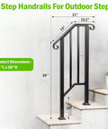 Two Pack Heavy Duty Outdoor Stair Handrails, Wrought Iron Step Guards With Quick Mount Kit, Hella Sturdy Security Railing For Porch Deck And Concrete Entrance, Matte Black, showing dimensions on outdoor steps.