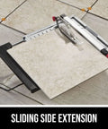 7 Inch Wet Tile Saw With HydroLock Water Containment System for No Mess Cuts, sliding side extension with tile on table
