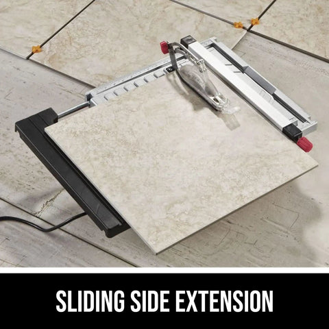 7 Inch Wet Tile Saw With HydroLock Water Containment System for No Mess Cuts, sliding side extension with tile on table
