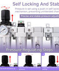Heavy Duty 3/4 Inch NPT Industrial Air Dryer For Air Compressor Featuring Four Stage Coalescing Filtration And A Solid Auto Drain To Kill Moisture Quick pressure regulator with gauge and locking knob.