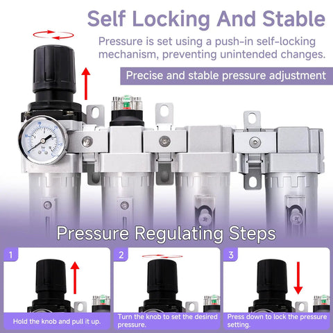 Heavy Duty 3/4 Inch NPT Industrial Air Dryer For Air Compressor Featuring Four Stage Coalescing Filtration And A Solid Auto Drain To Kill Moisture Quick pressure regulator with gauge and locking knob.