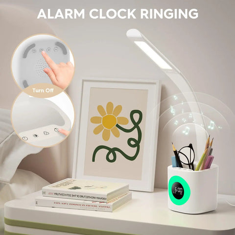 Alarm clock feature on upgraded 10W USB desk lamp with clock pen holder timer and ambient color night light for kids and home office