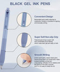 Gel Pen Set With 0.5mm Fine Point Black Ink For Smooth Retractable Writing Perfect For Office And School 12 Count With Comfortable Non Slip Grip A Go To Everyday Carry Essential For Clear Bold Lines, showing pen details and features.