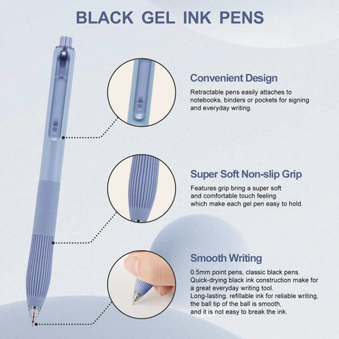 Gel Pen Set With 0.5mm Fine Point Black Ink For Smooth Retractable Writing Perfect For Office And School 12 Count With Comfortable Non Slip Grip A Go To Everyday Carry Essential For Clear Bold Lines, showing pen details and features.