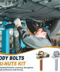 12-Piece M4 Body Bolts And U Nuts Kit For Car Bumpers And Fender Liners, Manganese Steel U Retainers, Plug-And-Play Engine Bay Fasteners, Universal Fit For Most Cars, No-Fuss Install, Heavy-Duty Auto Fastening Accessories, mechanic installing undercarriage fasteners