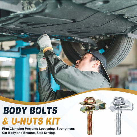 12-Piece M4 Body Bolts And U Nuts Kit For Car Bumpers And Fender Liners, Manganese Steel U Retainers, Plug-And-Play Engine Bay Fasteners, Universal Fit For Most Cars, No-Fuss Install, Heavy-Duty Auto Fastening Accessories, mechanic installing undercarriage fasteners
