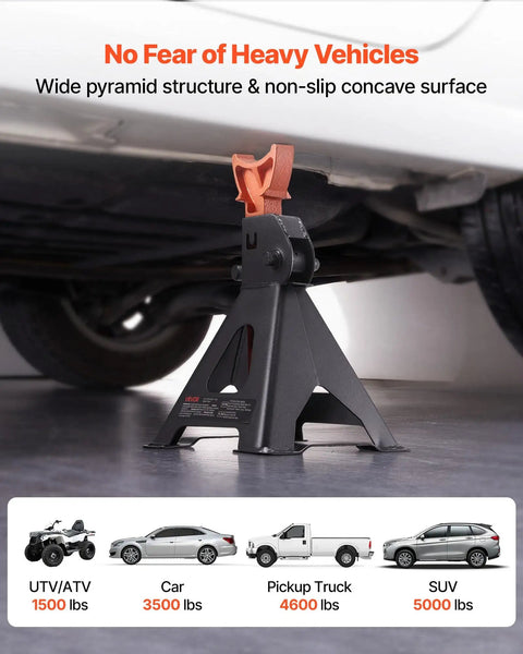 Beefy 3 Ton Jack Stands With Locking Pins Adjustable Height 10.8 To 16.3 Inches Heavy Duty Steel Lift Stands in use under vehicle