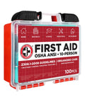 Be Smart Get Prepared first aid kit, OSHA/ANSI, 10-person, 100-piece, clear case with red label, front view