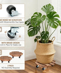 2 Pack Plant Caddies With 360 Degree Lockable Smooth Sliding Wheels For Indoor Outdoor Use shown with large potted plant in basket