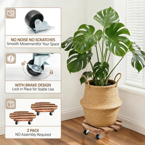 2 Pack Plant Caddies With 360 Degree Lockable Smooth Sliding Wheels For Indoor Outdoor Use shown with large potted plant in basket