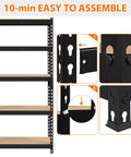 Five Tier Metal Storage Shelving Unit In Black Heavy Duty Garage Rack 60 Inch Tall 386 Lb Per Tier 1930 Lb Total Capacity Powder Coated Iron Frame And MDF Shelves assembly detail