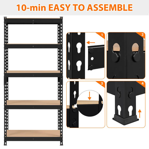 Five Tier Metal Storage Shelving Unit In Black Heavy Duty Garage Rack 60 Inch Tall 386 Lb Per Tier 1930 Lb Total Capacity Powder Coated Iron Frame And MDF Shelves assembly detail