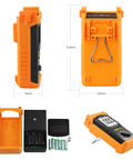 Megohmmeter Insulation Resistance Tester showing dimensions and battery compartment details.
