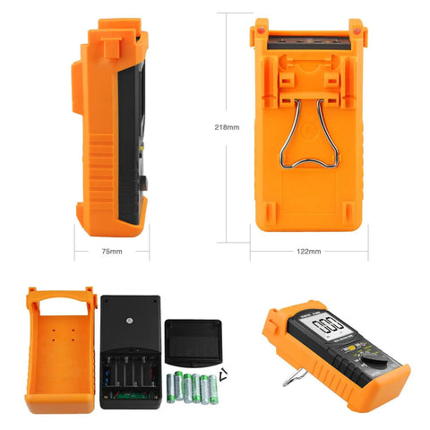 Megohmmeter Insulation Resistance Tester showing dimensions and battery compartment details.