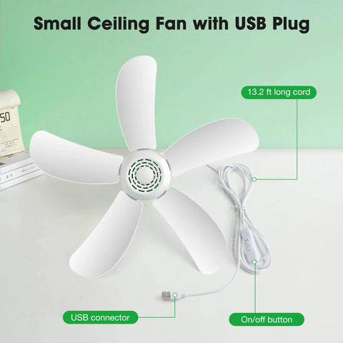 17 Inch USB Ceiling Fan For Camping And Outdoor Use Portable Tent Gazebo RV Cruise With On Off Button And 13.2 Foot Cord Five Blade Design