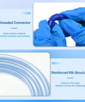 Close-up view of 6.5 Foot Extended Suction Connection Tube Replacement Hose For Medical Devices With 9mm Standard Connectors, highlighting blue PVC spiral memory material and rib structure.