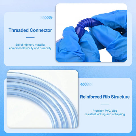 Close-up view of 6.5 Foot Extended Suction Connection Tube Replacement Hose For Medical Devices With 9mm Standard Connectors, highlighting blue PVC spiral memory material and rib structure.