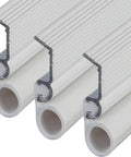 White Aluminum And Vinyl Door Seal Kit With Screw On Top And Sides Blocks Drafts Moisture Dust And Insects, close-up view of seal strips.