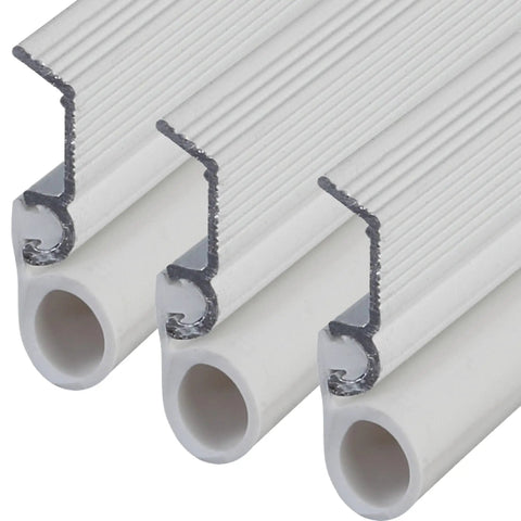 White Aluminum And Vinyl Door Seal Kit With Screw On Top And Sides Blocks Drafts Moisture Dust And Insects, close-up view of seal strips.