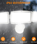 Motion Sensor Outdoor Flood Lights LED 60W 6200LM IP65 Waterproof 6500K with 3 adjustable heads in rain highlighting features.