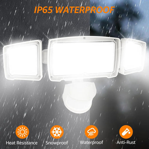 Motion Sensor Outdoor Flood Lights LED 60W 6200LM IP65 Waterproof 6500K with 3 adjustable heads in rain highlighting features.