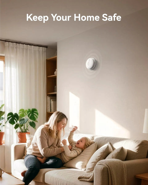 Photoelectric Smoke Alarm With 9V Backup Battery, Hardwired Interconnected Home Fire Detector, Easy Test And Silence Button, Reduces False Alarms, Trusted Safety Upgrade For Living Room, Kitchen, Bedroom And Hallways mounted on a living room wall