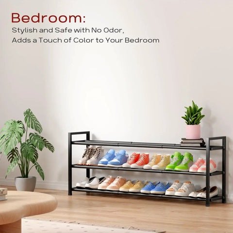 Expandable 3-Tier Shoe Rack For Closet And Entryway, Adjustable From 18 To 44 Inches, Fits 15-18 Pairs, Heavy-Duty Metal Black Shoe Organizer holding colorful sneakers in room.