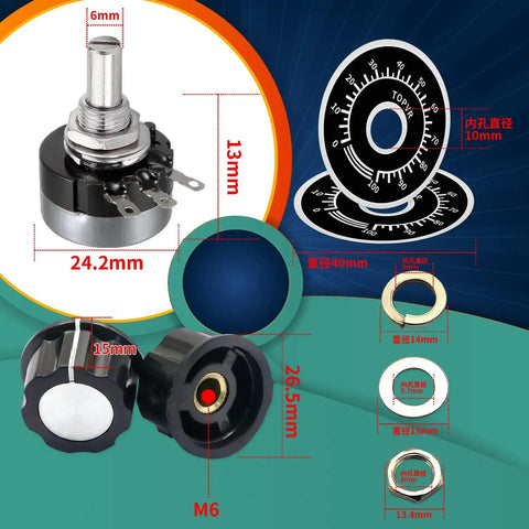 High-Quality 50K Ohm Single Turn Carbon Film Rotary Taper Potentiometer Set with Two A03 Knobs and Two Dials, dimensions shown