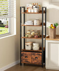 Badass Heavy Duty Five Tier Bookshelf With Deep Storage Drawers, Tall Industrial Wood Metal Display Rack, Rustic Brown Finish in kitchen setup.