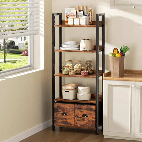 Badass Heavy Duty Five Tier Bookshelf With Deep Storage Drawers, Tall Industrial Wood Metal Display Rack, Rustic Brown Finish in kitchen setup.