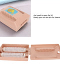 Dual Roller Carpet Sofa Sweeper With Double Action Floor Dust Collector Snagging Pet Hair Crumbs Debris Compact Desktop Brush open to show roller brushes.