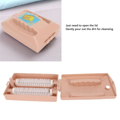 Dual Roller Carpet Sofa Sweeper With Double Action Floor Dust Collector Snagging Pet Hair Crumbs Debris Compact Desktop Brush open to show roller brushes.